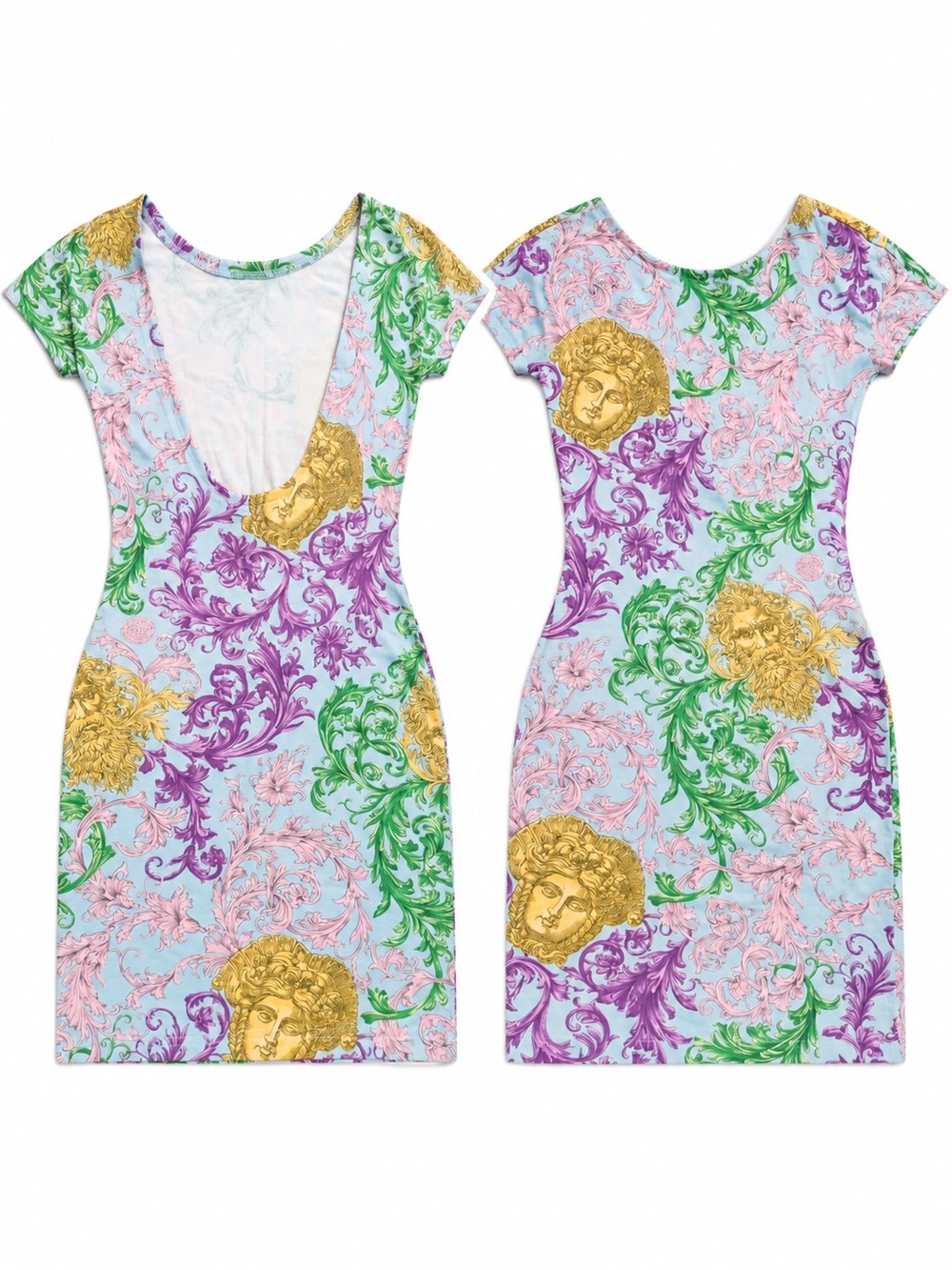 Vintage Versace Multicolor Baroque Print Cap-Sleeve Dress